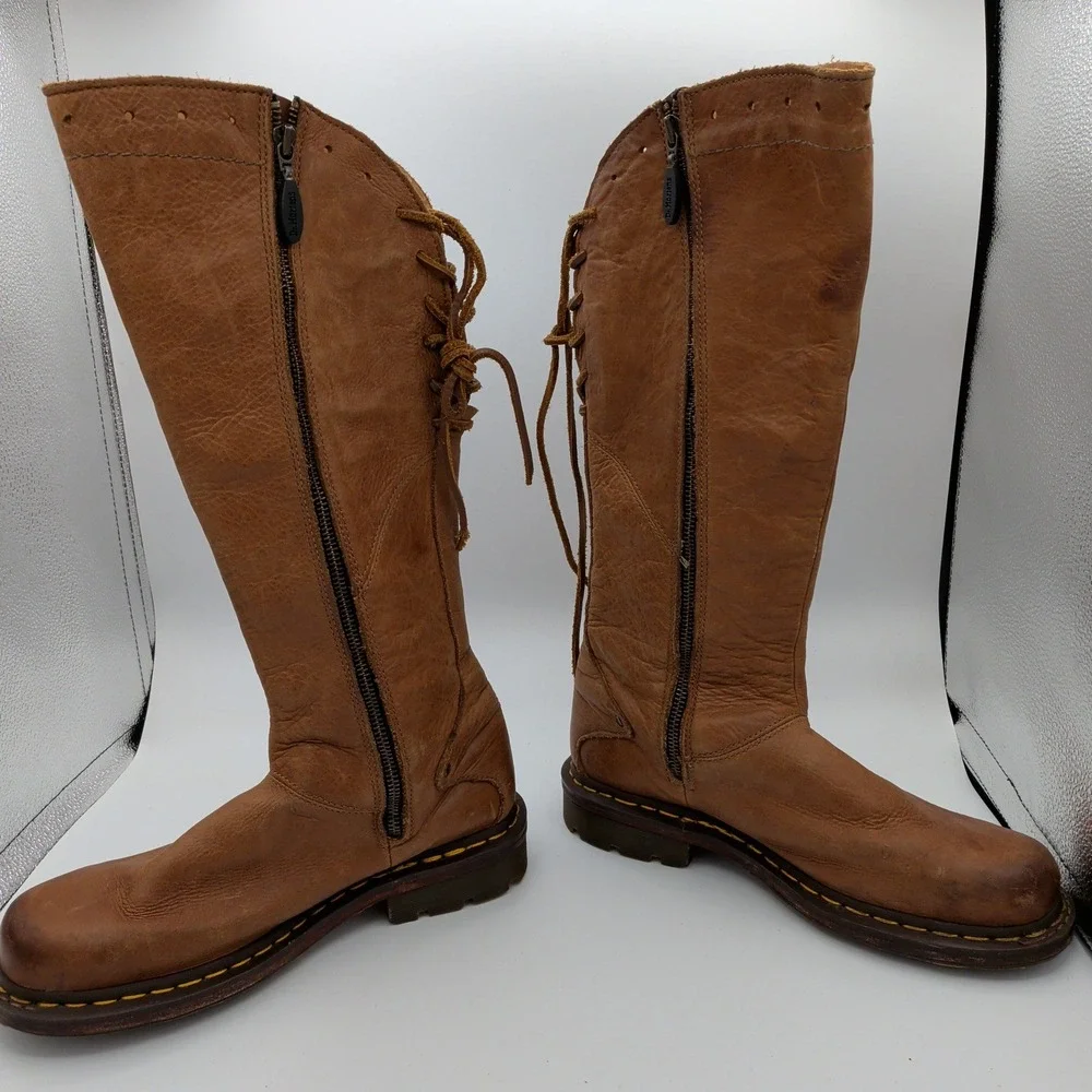 Dr Martens 11484 Slate Hi Peanut Brown Leather Women 9 Tall Knee High Boots Lace